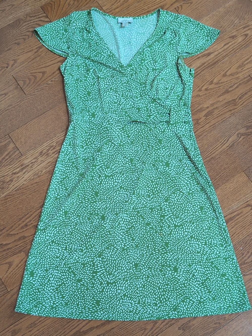 LOFT Green White Wrap Dress Short Sleeve Knee Length